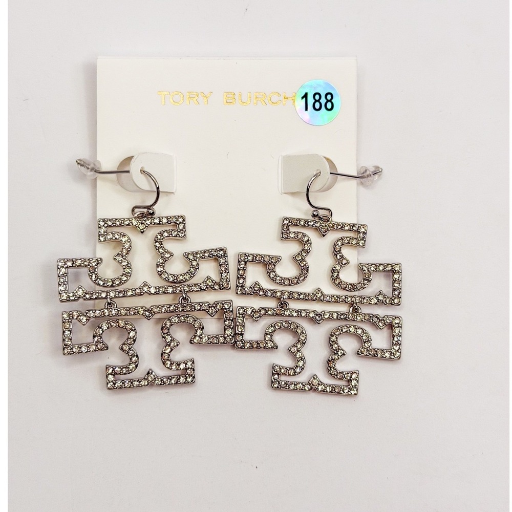 Tory Burch Silver Tone Crystal Pavé Double T Logo Drop Earrings Statement NWT